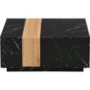 Modern 35.4 x 23.6 Inch Two-tone Coffee Table with Faux Marble and Walnut Wood Grain Finish, Rectangular Center Table with 2 Storage Drawers, Practical Cocktail Table for Living Room, Black