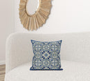 18" X 18" Indigo And White Blown Seam Paisley Indoor Outdoor Throw Pillow