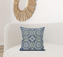 18" X 18" Indigo And White Blown Seam Paisley Indoor Outdoor Throw Pillow