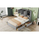 Queen Size Platform Bed with Storage Headboard and 4 Drawers, Gray
