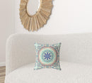 16" X 16" Beige And Blue Zippered Geometric Indoor Outdoor Throw Pillow