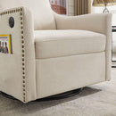 cream white fabric swivel rotating accent chair with USB and magazine book for living room and hotel bed room
