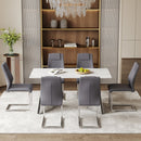 Table and chair set.63'x31.5x30' Luxurious Snow Mountain Patterned Sintered Stone Table with Silver Metal Butterfly Legs.Paried With 6 Dark Gray High-quality PU Chairs With Arched Metal Legs.