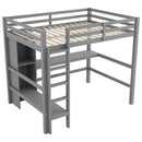 Full Size Loft Bed with Multifunction Shelves and Under-bed Desk, Gray