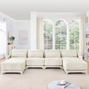 Elegant Four-Seater Sofa with Movable Ottoman and Lumbar Pillow, Beige Chenille Fabric, Solid Wood Frame, Ergonomic Design