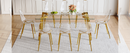 Table and chair set.71 * 35.4 inch rectangular dining table.Tempered Glass Tabletop,Golden 7-shaped Metal Table Legs.Paried With 8 Transparent Plastic Dining Chair with Gold Metal Legs.