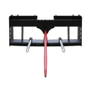 Black metal tool rack with a red tool and two silver handles on a white background