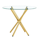 Round clear glass dining table with a unique shape for 4-6 people, with ring-shaped gathered gold metal legs, suitable for desks, kitchens, terraces, dining rooms.