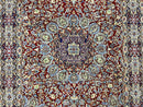 Persian Rug 7x10, Kirman Oriental Carpet 7 x 10 ft, Hand Knotted Wool Floral Medallion Semi Antique Persian Rug, Dark Red Light Blue Vintage