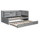Twin Size Upholstered Daybed with Trundle, Storage Shelves, USB & Outlet (Gray)