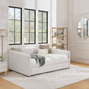 Full Size Daybed with Trundle Upholstered Sofa Bed, with Vertical Stripes, Linen Fabric, Beige (82.5'x58'x30')