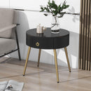 19.6" Easy Assembly End Tables with High Gloss Faux Marble Tabletops, Set of 2, Modern Fluted 2 Side Tables with Drawers, Round Coffee Tables with Golden Legs for Living Room, Black