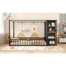 Full Size Floor Bed Frame with Wardrobe, Metal floor Bed with Storage Shelves, Black