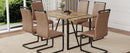 Table and chair set.A minimalist retro rectangular dining table with a textured top and black metal legs.Paired With 6 Brown technology fabric chairs with Featuring arched black legs.