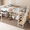 Full Size Metal Loft Bed with Staircase,Low Storage Table and Storage Shelves,White