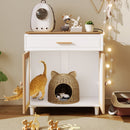 Pet-Friendly Furniture Style Cat Litter Box House with Sisal Scratching Door and Charging Socket, Beige+White MDF