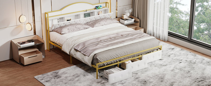 Metal Platform Bed With 3 drawers, Storage Headboard, King, Gold