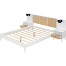 Queen Size Solid Wood Bed Frame with 2 Nightstands, Elegant Design with Lamps, Rattan and Wood Combination,White