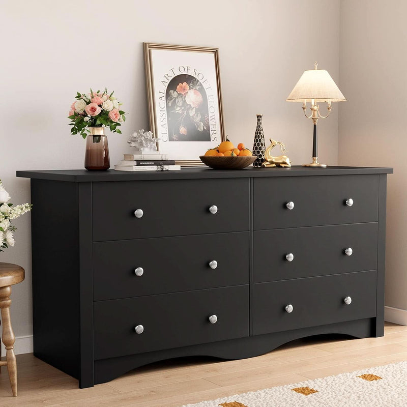 Black Dresser With Six Deep Drawers For TV Storage
