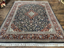 Indo Persian Rug 8x10, Floral Medallion, Vintage Handmade Wool Carpet, Navy Blue and Red, Fine 300 KPSI