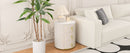 Upholstered Nightstand with 3 Drawers, Round Bedside Table with Metal Handles,Marbling Stickers Top Night Table for Bedroom, Fully Assembled Except Handles, Beige
