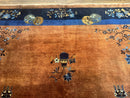 Antique Chinese Wool Rug 9x12, Light Brown and Navy Blue, Fete Peking Art Deco