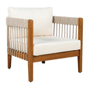 Acacia Wood Outdoor Club Chair with Handwoven Rope Accents & Curved Backrest - Water-Resistant Boho Patio Lounge Chair with Removable Cushions for Porch, Garden