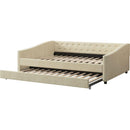Full Size Daybed with Twin Size Trundle Upholstered Tufted Sofa Bed, with Button on Back and Copper Nail on Waved Shape Arms-Beige