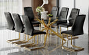 Table and chair set.Modern Luxurious Transparent Tempered Glass Dining Table Set with 8 Chairs.Single Fork Golden Metal Table Legs.Black high-quality PU dining chairs with golden metal legs.