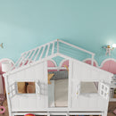 Full Size House Loft Bed with Roof, Windows,4 Storage Drawers,Pine Wooden Bed with Safety Guardrails,Ladder,White