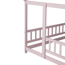 Full Size House Floor Wooden Bed with Roof Frame, Safety Guardrails,Pink