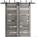 Quadro 4445 Nebraska Grey Double Barn Door with Frosted Glass and Black Bypass Rail