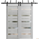 Quadro 4445 Light Grey Oak Double Barn Door with Frosted Glass and Black Bypass Rail