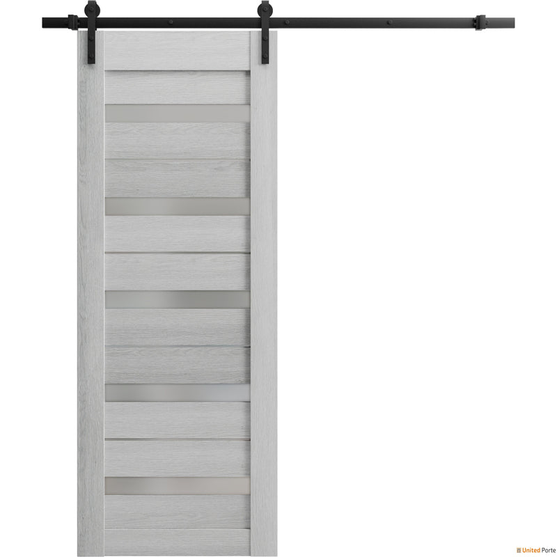 Quadro 4445 Light Grey Oak Barn Door with Frosted Glass and Black Rail