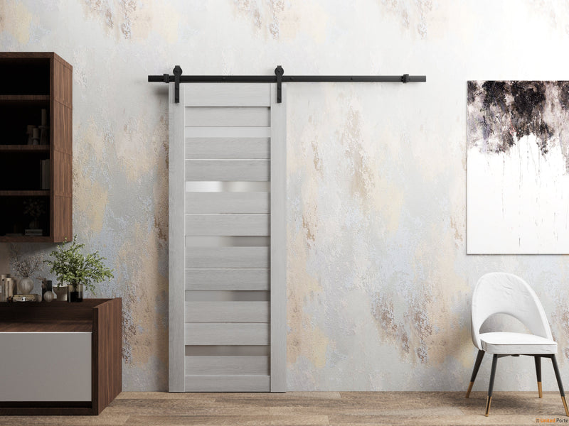 Quadro 4445 Light Grey Oak Barn Door with Frosted Glass and Black Rail