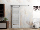Quadro 4445 Light Grey Oak Barn Door with Frosted Glass and Silver Rail