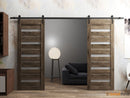 Quadro 4445 Cognac Oak Double Barn Door with Frosted Glass and Black Rail