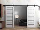 Quadro 4445 Nordic White Double Barn Door with Frosted Glass and Black Rail