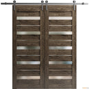 Quadro 4445 Cognac Oak Double Barn Door with Frosted Glass and Silver Rail