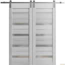 Quadro 4445 Light Grey Oak Double Barn Door with Frosted Glass and Silver Rail