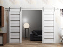 Quadro 4445 Nordic White Double Barn Door with Frosted Glass and Silver Rail