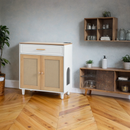 Pet-Friendly Furniture Style Cat Litter Box House with Sisal Scratching Door and Charging Socket, Beige+White MDF