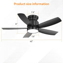 Flush Mount Ceiling Fan With LED Light 22W And Remote Control Blades For Indoor Use - Black