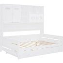 Full Size Wooden Daybed With Twin Size Trundle, and All-in-One Cabinet and Shelf, White