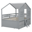 Full Size House Loft Bed with Roof, Windows,4 Storage Drawers,Pine Wooden Bed with Safety Guardrails,Ladder,Grey