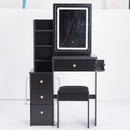 29.2' Small Size Left Bedside Cabinet Vanity Table + Cushioned Stool, 2 AC+2 USB Power Station, Hair dryer bracket, Extra Large Touch Control Sliding LED Mirror, Tri-color Switching, Brightness Adjust