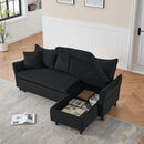 This 80-inch black corduroy L-shaped sofa comes with two small throw pillows that can be converted into a sofa bed for storage