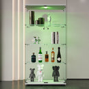 Two-door LED lights  Glass Display Cabinet 4 Shelves with Door, Floor Standing Curio Bookshelf for Living Room Bedroom Office, 64.7'*31.7'*14.3', White