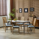 Vintage Inspired Set of 6 French Country Dining Chairs with Cane Backrest & Upholstered Seats in Rustic Weathered Finish