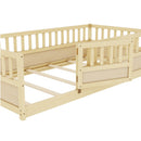 Twin Size Floor bed, integral construction with super high security barrier, door, children's floor bed frame, Montessori wooden children's floor bed, Support  slat Natural Wood